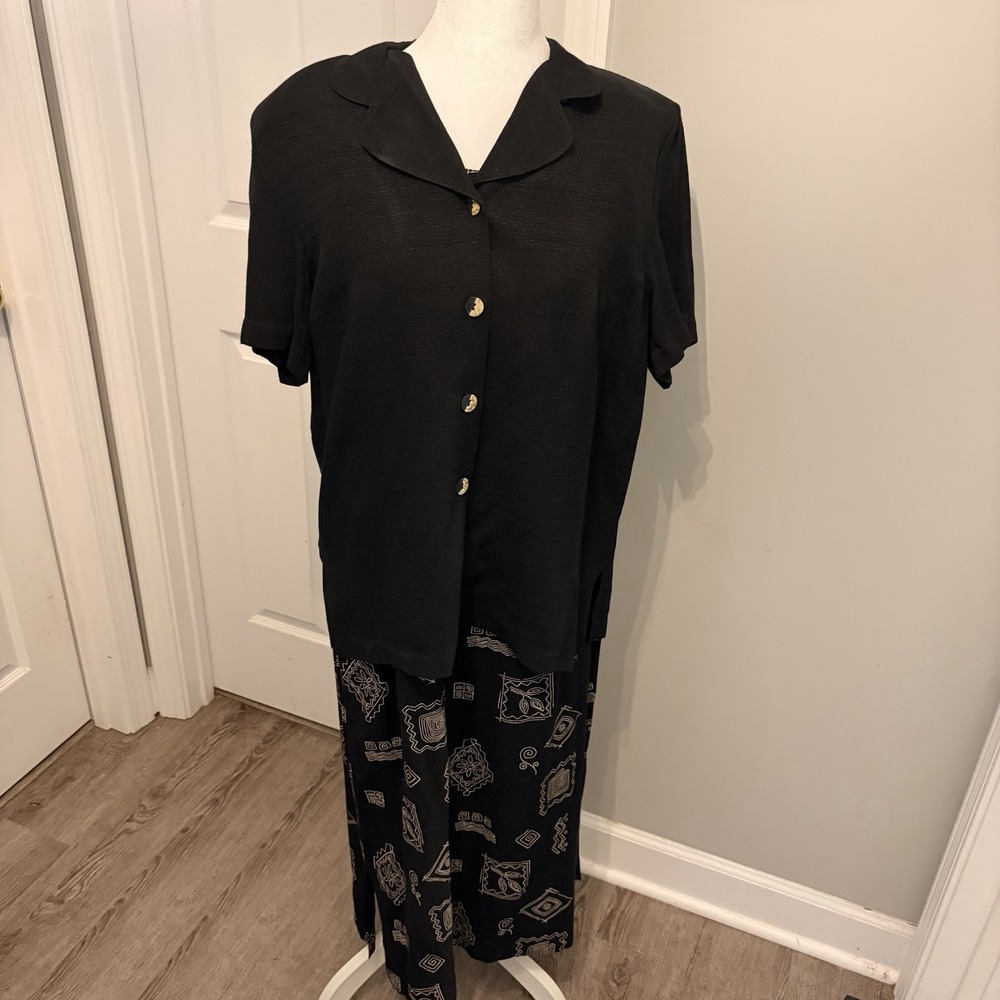 Vintage 90s T & Company Black Geometric Maxi Dress Shirt Jacket 14 Whimsigoth